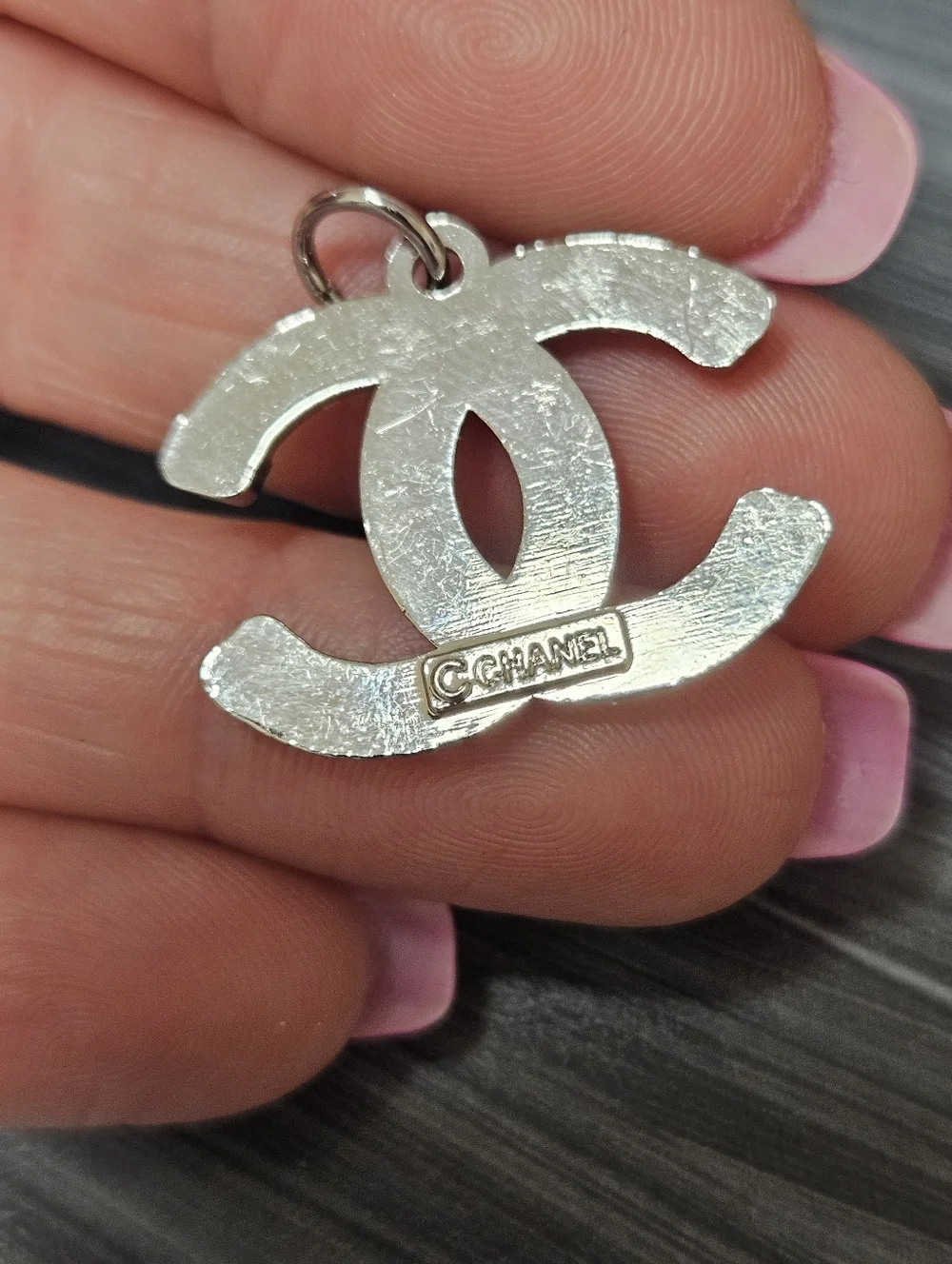Chanel Stamped Replacement Pull Crystal-Embellished Double C Pendant In Silver